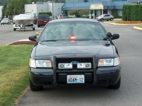 2001 Ford Crown Victoria - This police car, identified as a 2001 Ford Crown Victoria, is parked in front of a building.