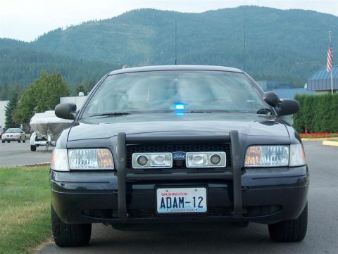 2001 Ford Crown Victoria - A black Ford Crown Victoria police car is parked outside with mountains in the background.