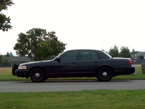 2001 Ford Crown Victoria - A 2001 Ford Crown Victoria police car is seen from the side on a street with a tree and houses in the background.