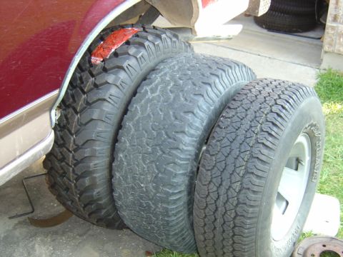 1996 Ford Bronco - My new tire(s) on left, my tire(s) now in middle, and the stock Bronco tire... I SEE NOW why he went bigger!! BTW, left to right is 35" Pro…