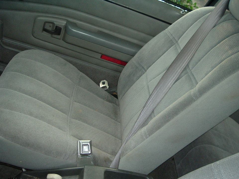 Gray fabric car seat with seatbelt and door panel visible