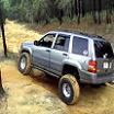 1991 Ford Bronco - A silver Jeep Grand Cherokee navigates a dirt path surrounded by trees.