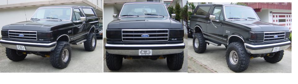 Black lifted 1990 Ford Bronco, 3/4 front view
