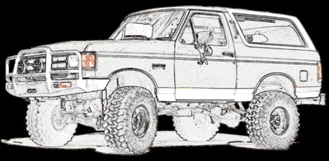 1996 Ford Bronco - This 1996 Ford Bronco is shown from a 3/4 front angle, highlighting its lifted suspension and off-road tires.