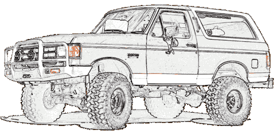 Line-art sketch rendering of a lifted full-size Ford Bronco with brush guard and large tires