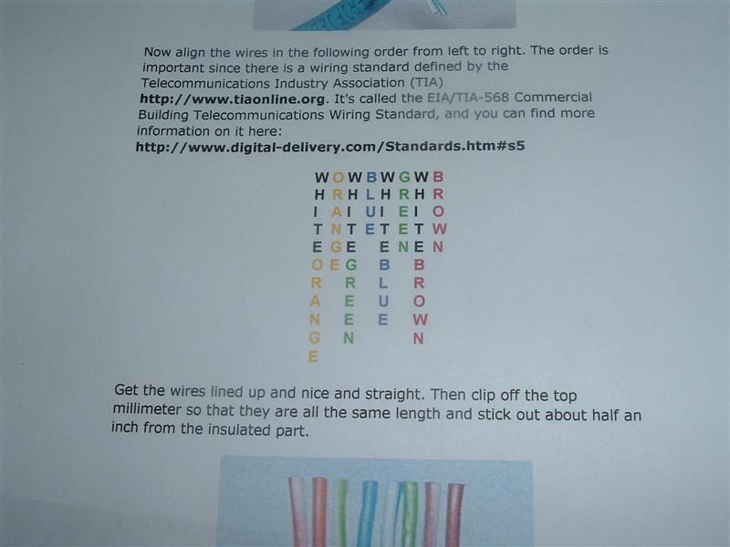 Printed EIA/TIA-568 Ethernet wire-order instruction sheet with color-coded pair list