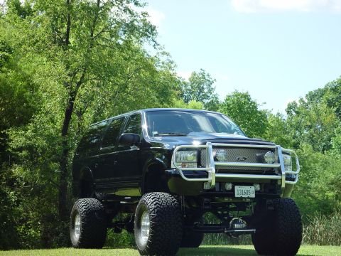 2001 Ford Excursion - This lifted 2001 Ford Excursion features a prominent brush guard and oversized tires, parked in a grassy, tree-lined area.