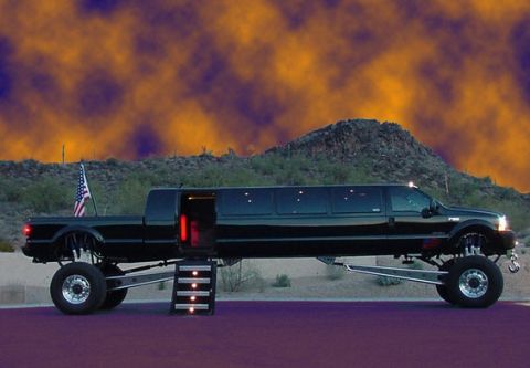 1995 Ford Bronco - A heavily modified black truck serves as a limousine, a lifted chassis and custom steps.