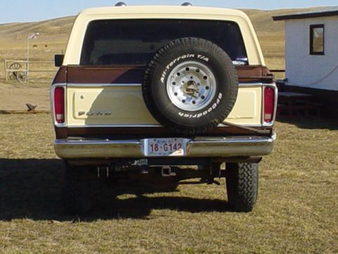 1979 Ford Bronco - The rear of a two-tone 1978 Ford Bronco is shown parked in a grassy, outdoor area.