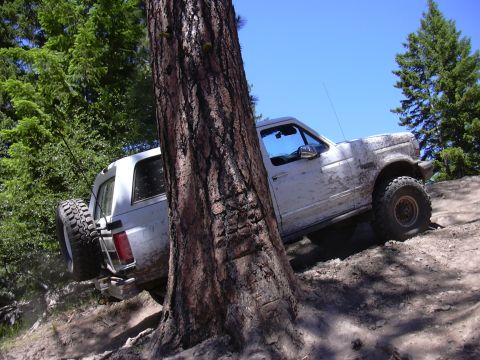 1991 Ford Bronco - White Ford Bronco navigating rough terrain off-road, spare tire visible on the back.