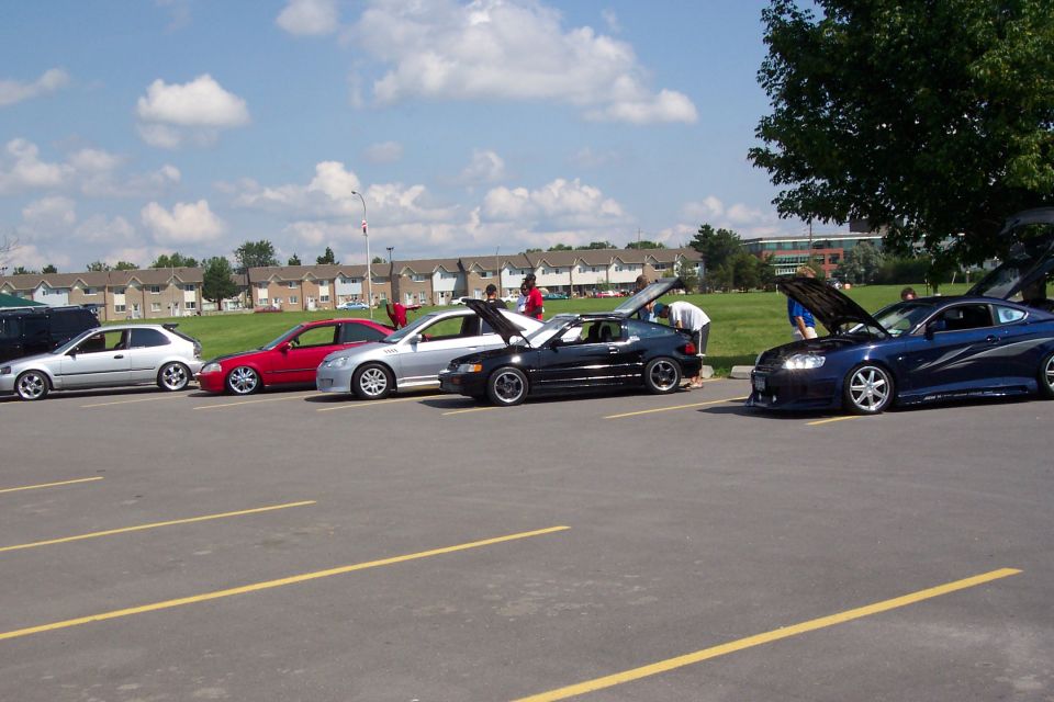 Several cars parked in a lot on a sunny day, some with hoods open