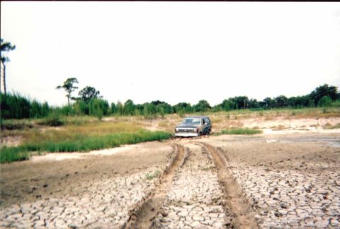 1985 Ford Bronco - A 1985 Ford Bronco is stuck in a muddy, cracked earth area with trees in the background.