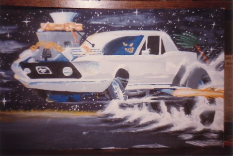 1968 Ford Mustang - This painting depicts a 1967 Ford Mustang in a surreal space scene, complete with a powerful engine and a tropical element.