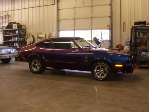 1978 Ford Mustang II - This customized coupe has a unique paint job and a cobra emblem on the fender.