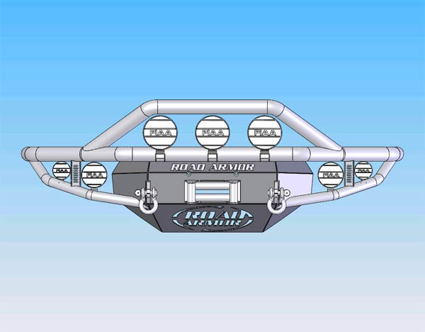 CAD rendering of a tubular front bumper with six round lights labeled Road Armor