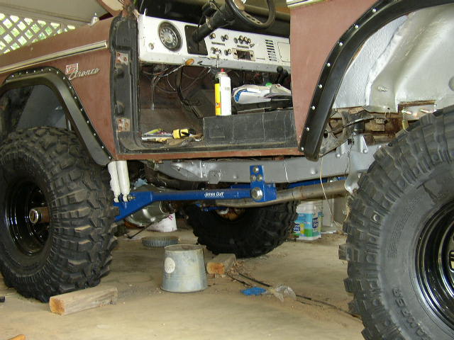 1974 Ford Bronco interior with blue suspension components visible