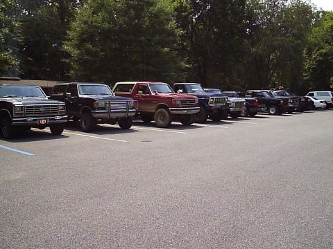 1989 Ford Bronco - Several Ford Bronco and F-series trucks are parked in a lot on a sunny day.