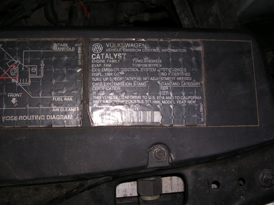 Volkswagen emissions label showing 1996 model year compliance