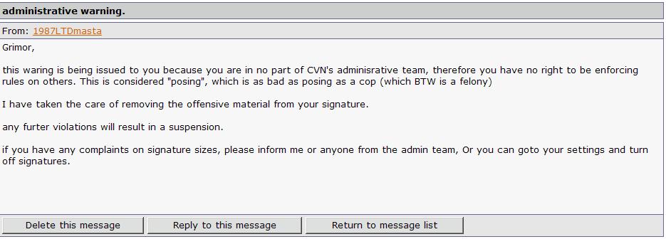 Email message with subject 'administrative warning' and sender '1987LTDmasta'