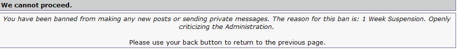 Website ban message stating user is suspended for criticizing administration