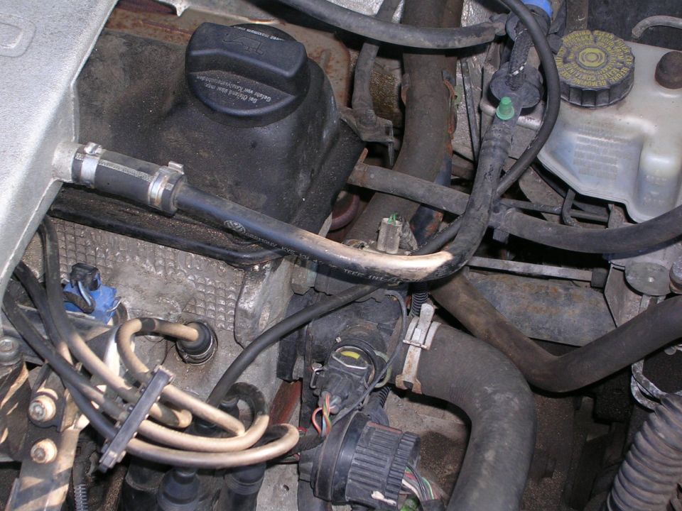 Engine bay with hoses, wires, and a black cap on a reservoir