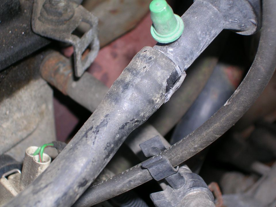 Close-up of engine hoses and plastic clamps, one hose has a green cap