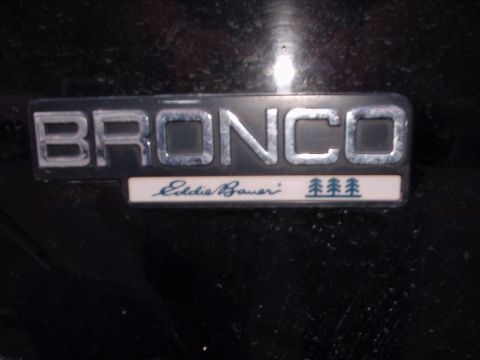 1993 Ford Bronco - Close-up of a Bronco Eddie Bauer emblem, showing the script text and pine tree graphics.