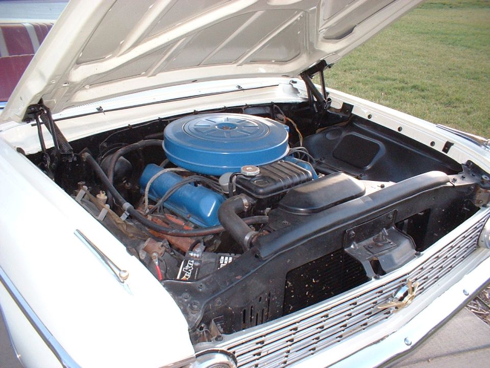 Ford blue V8 with round blue air cleaner under the raised hood of a white early-1960s Ford