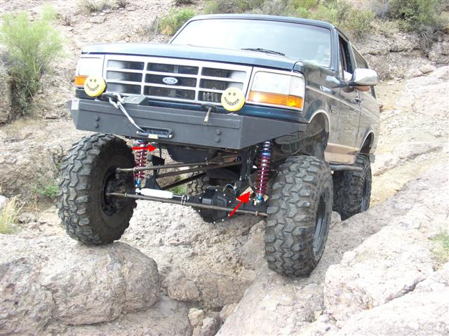 Lifted dark green Ford SUV on desert rocks with red coilover shocks and winch bumper