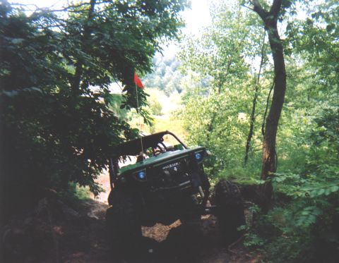 1992 Ford Bronco - An off-road vehicle navigates a wooded trail with a red flag attached.