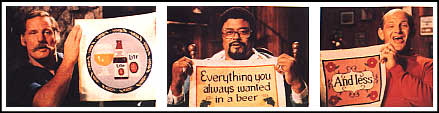 1993 Ford Bronco - A triptych three men holding signs with various text and graphics, possibly related to beer advertising.