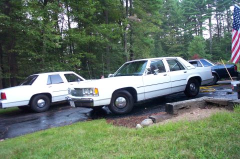 1991 Ford LTD Crown Victoria - Three sedans are parked in a driveway with trees and an American flag visible.