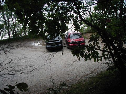 1997 Ford Taurus - Two sedans are parked on a gravel lot, partially obscured by tree branches.