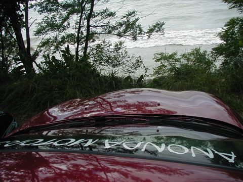 1997 Ford Taurus - A red car is parked overlooking the ocean, with trees framing the view. The windshield has 'ANONDA MOTORS' text.