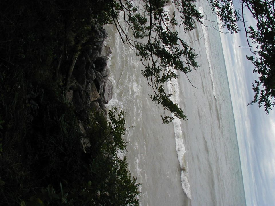Shoreline with choppy water, rocks, and trees under a cloudy sky. Supermotors.net logo in lower right