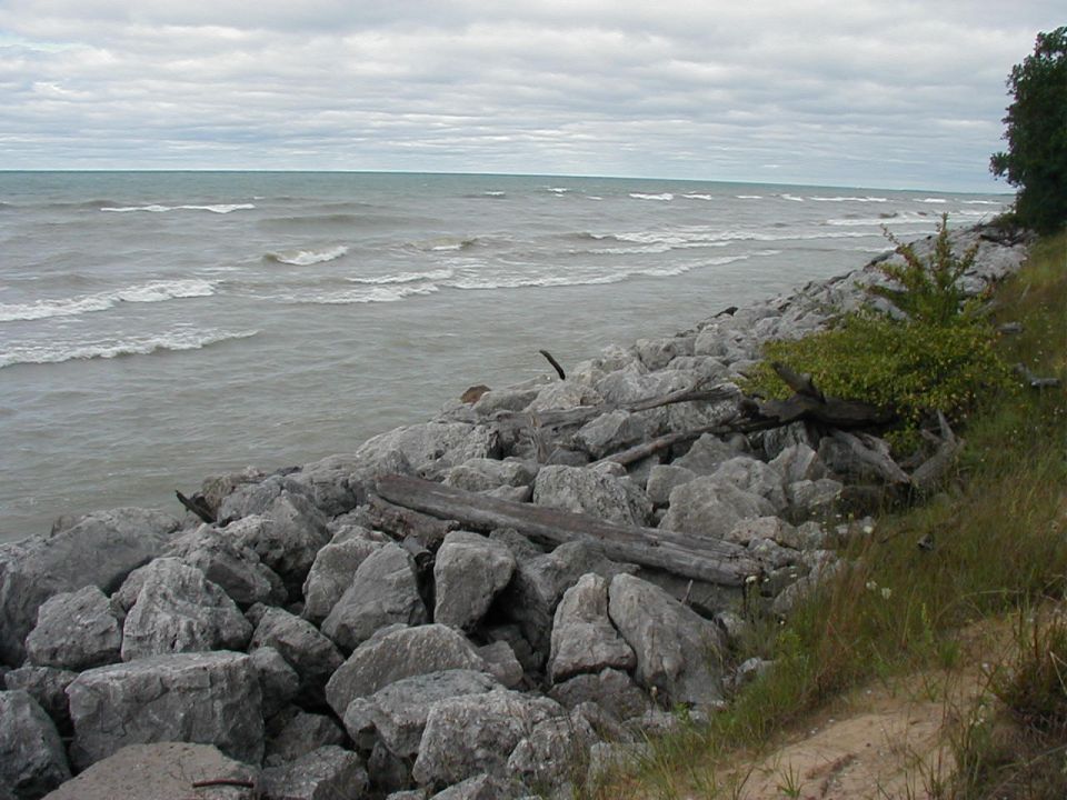 Rocky shoreline with driftwood and choppy water under a cloudy sky. Website watermark at bottom right