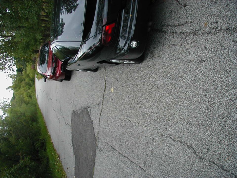 Rear view of a black car and a red car parked on a cracked asphalt road with trees in the background