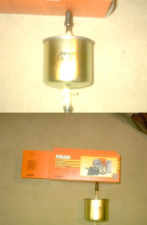 1992 Ford Bronco - Two-panel photo of a gold-zinc Fram G3850 inline fuel filter standing on carpet in front of its orange retail box. The top panel is a flash…