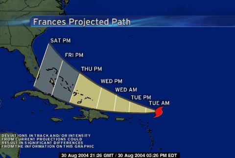 1993 Ford Bronco - Weather graphic showing the projected path of Hurricane Frances toward Florida, dated August 2004.