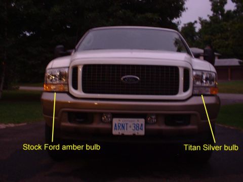2003 Ford Excursion - APC titan bulb vs stock not turned on. Apc bulb looks nice.