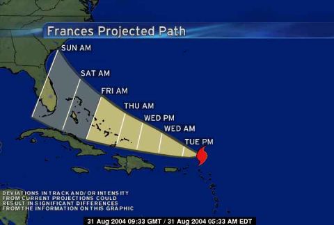 1993 Ford Bronco - Weather graphic showing the projected path of Hurricane Frances toward Florida, dated August 2004.