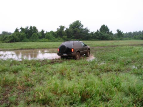 1995 Ford Bronco - A dark SUV navigates through a wet, grassy field, kicking up mud as it goes.