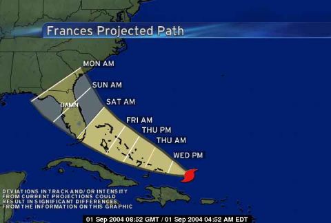 1993 Ford Bronco - Weather graphic showing the projected path of Hurricane Frances toward Florida, dated September 2004.