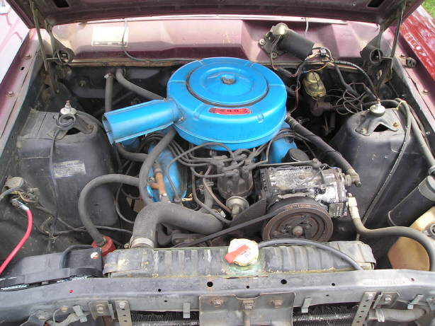 Vintage V8 engine bay with blue painted air cleaner and valve covers, single-barrel carburetor