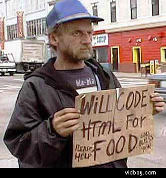 1986 Ford Bronco - A man holds a sign offering to code HTML for food, with a "Super Motors" logo in the lower right corner.