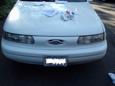 1998 Ford Taurus - The front of a white Ford Taurus is shown, with cleaning supplies and towels placed on the hood.