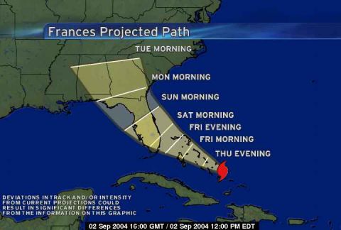 1993 Ford Bronco - Weather graphic showing the projected path of Hurricane Frances toward Florida, dated September 2004.
