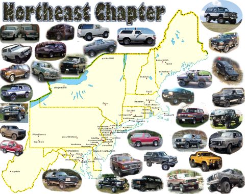 1995 Ford Bronco - A collage of Ford Bronco images is presented around a map of the Northeastern United States.