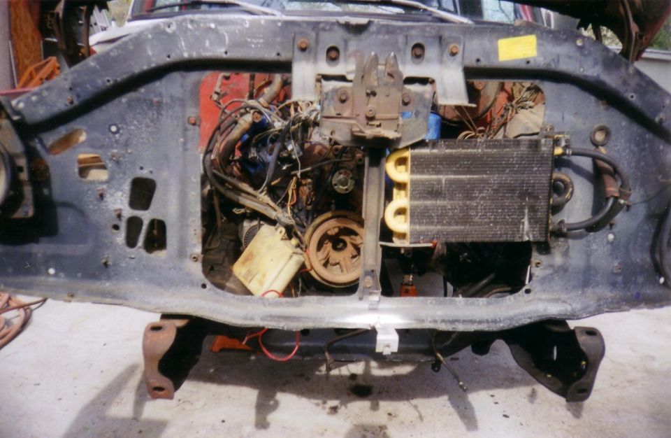 1978 Ford Bronco engine bay, front view, showing engine, radiator, and frame components