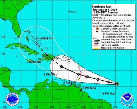 1993 Ford Bronco - Hurricane Ivan track map from September 5, 2004, showing forecast center positions and potential track areas.